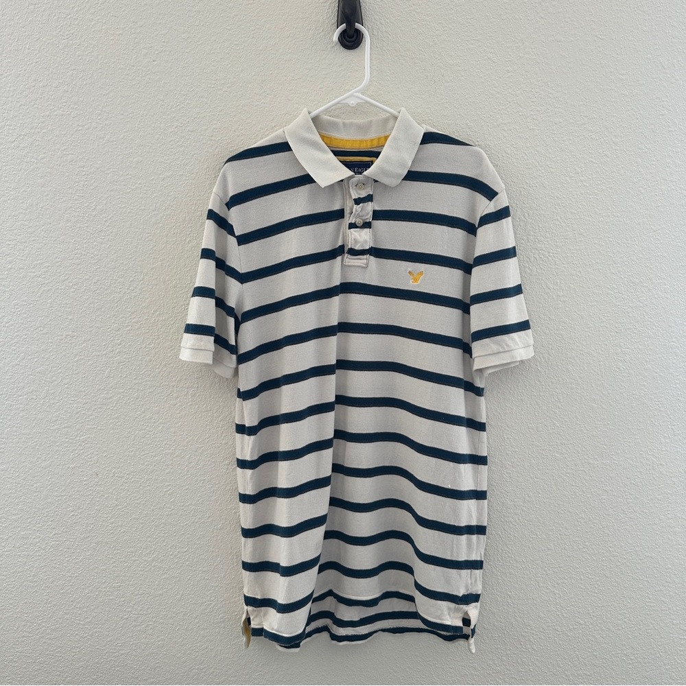 American Eagle White & Navy Striped‎ Polo Shirt - Y2K Preppy Coastal Classic - L